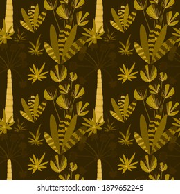 Creative seamless pattern with cartoon forest. Bright summer print with tropical leaves. Tropical pattern. Jungle exotic summer print.	