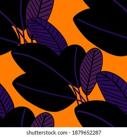 Creative seamless pattern with cartoon forest. Bright summer print with tropical leaves. Tropical pattern. Jungle exotic summer print.	