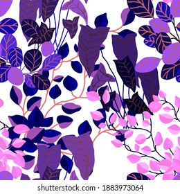 Creative seamless pattern with cartoon forest. Bright summer print with tropical leaves. Tropical pattern. Jungle exotic summer print.	