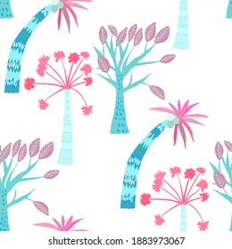 Creative seamless pattern with cartoon forest. Bright summer print with tropical leaves. Tropical pattern. Jungle exotic summer print.	