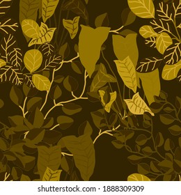 Creative seamless pattern with cartoon forest. Bright summer print with tropical leaves. Tropical pattern. Jungle exotic summer print.	