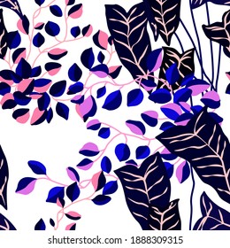 Creative seamless pattern with cartoon forest. Bright summer print with tropical leaves. Tropical pattern. Jungle exotic summer print.	