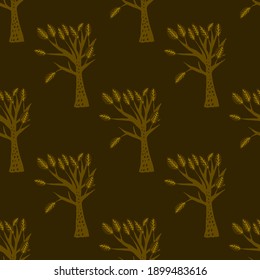 Creative seamless pattern with cartoon forest. Bright summer print with tropical leaves. Tropical pattern. Jungle exotic summer print.	