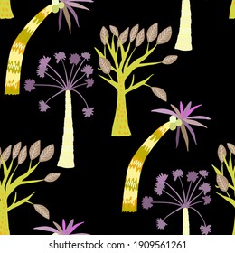 Creative seamless pattern with cartoon forest. Bright summer print with tropical leaves. Tropical pattern. Jungle exotic summer print.	