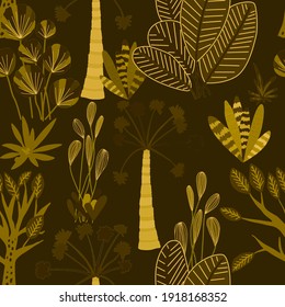 Creative seamless pattern with cartoon forest. Bright summer print with tropical leaves. Tropical pattern. Jungle exotic summer print.