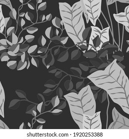 Creative seamless pattern with cartoon forest. Bright summer print with tropical leaves. Tropical pattern. Jungle exotic summer print.	