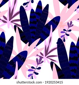 Creative seamless pattern with cartoon forest. Bright summer print with tropical leaves. Tropical pattern. Jungle exotic summer print.	