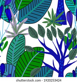 Creative seamless pattern with cartoon forest. Bright summer print with tropical leaves. Tropical pattern. Jungle exotic summer print.	