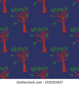 Creative seamless pattern with cartoon forest. Bright summer print with tropical leaves. Tropical pattern. Jungle exotic summer print.	