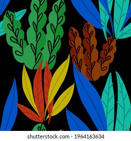 Creative seamless pattern with cartoon forest. Bright summer print with tropical leaves. Tropical pattern. Jungle exotic summer print.	