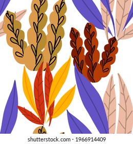 Creative seamless pattern with cartoon forest. Bright summer print with tropical leaves. Tropical pattern. Jungle exotic summer print.	