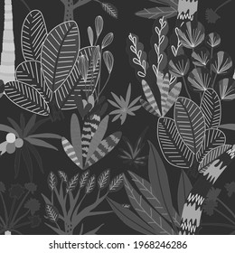 Creative seamless pattern with cartoon forest. Bright summer print with tropical leaves. Tropical pattern. Jungle exotic summer print.	