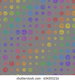 Creative Seamless Pattern of Colorful Circles of Different Size on Grey Backdrop. Rainbow Background Continuous Design in Peas for Cloth, Pack Paper, Wrapping Paper.