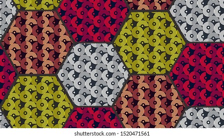 Creative seamless pattern with colorful geometry hexagons. Abstract colorful geometric background. Stylized patchwork print. Template for textile, card, invitation, apparel, wrapping paper. Vector.