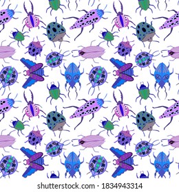 Creative seamless pattern with colorful hand drawn beetles. Colorful print for any design. 