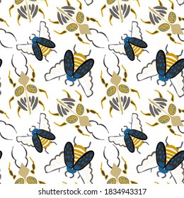 Creative seamless pattern with colorful hand drawn beetles. Colorful print for any design. 