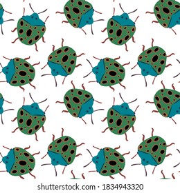 Kreatives, nahtloses Muster mit bunten, handgezeichneten Käfern. Farbenprächtiger Druck für jedes Design. 