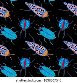 Creative seamless pattern with colorful hand drawn beetles. Colorful print for any design.	