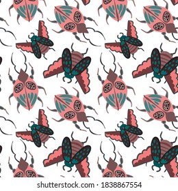 Creative seamless pattern with colorful hand drawn beetles. Colorful print for any design.	