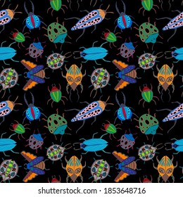 Creative seamless pattern with colorful hand drawn beetles. Colorful print for any design.	