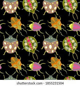 Creative seamless pattern with colorful hand drawn beetles. Colorful print for any design.	