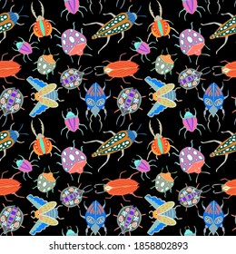 Creative seamless pattern with colorful hand drawn beetles. Colorful print for any design.	