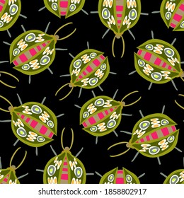 Creative seamless pattern with colorful hand drawn beetles. Colorful print for any design.	