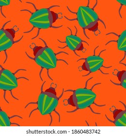 Patrón creativo sin fisuras con escarabajos pintados a mano de colores. Impresión colorida para cualquier diseño.	