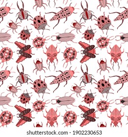 Creative seamless pattern with colorful hand drawn beetles. Colorful print for any design.	