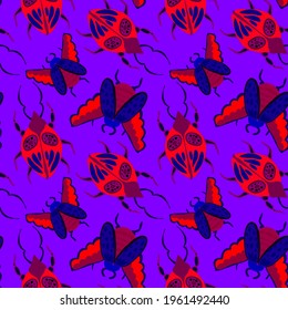 Kreatives, nahtloses Muster mit bunten, handgezeichneten Käfern. Farbenprächtiger Druck für jedes Design.	