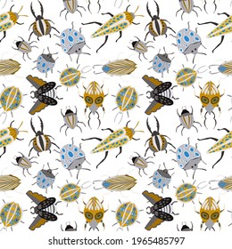 Creative seamless pattern with colorful hand drawn beetles. Colorful print for any design.	