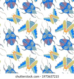 Creative seamless pattern with colorful hand drawn beetles. Colorful print for any design.	