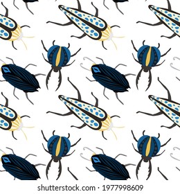 Creative seamless pattern with colorful hand drawn beetles. Colorful print for any design.	