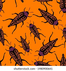 Creative seamless pattern with colorful hand drawn beetles. Colorful print for any design.	