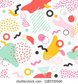 Creative seamless pattern with colorful stains, lines and shapes of various texture on white background. Stylish abstract backdrop. Vector illustration in retro style for wrapping paper, wallpaper.