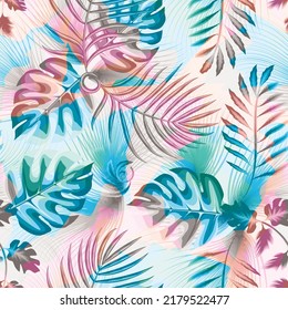 Patrón creativo sin fisuras con coloridas plantas tropicales vintage hojas sobre fondo de grano. Diseño de vectores. Impresión de selva plana. Fondo floral. elemento natural. fondo de pantalla tropical. Diseño de verano
