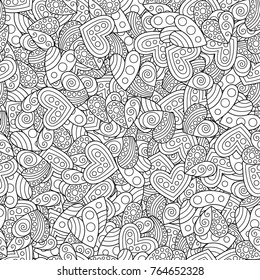 Creative Seamless Pattern of Contour Hearts for Page of Coloring Book. Black and White Doodle Art for Anti-Stress Therapy.