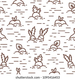 Creative seamless pattern with cultivated vegetables or root crops growing in soil. Backdrop with organic wholesome food, natural eco products. Monochrome vector illustration in modern line art style