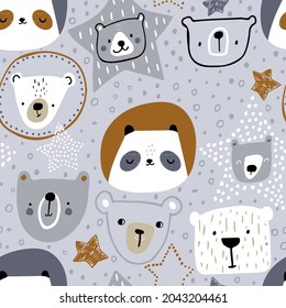Creative seamless pattern with cute hand drawn  bears. Childish texture for fabric, wallpaper, apparel, textile. Vector illustration