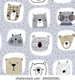 Creative seamless pattern with cute hand drawn pandas and bears. Childish texture for fabric, wallpaper, apparel, textile. Vector illustration