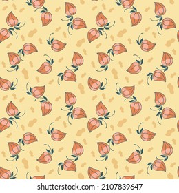 Creative seamless pattern with cute orange flowers. The unusual pattern looks like buds, seeds, peppers, leaves, yellow background. Can be used for wallpapers, web backgrounds, textiles, tiles