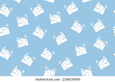 Creative seamless pattern for decoration. Spooky cartoon houses. Light blue background. Vector illustration.