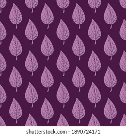 Creative seamless pattern with doodle hand drawn leaf silhouettes. Purple background. Flat vector print for textile, fabric, giftwrap, wallpapers. Endless illustration.