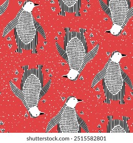 Creative seamless pattern in doodle style with simple striped penguin shapes. red background. Perfect for fabric design, textile printing, packaging, cover. Vector illustration.