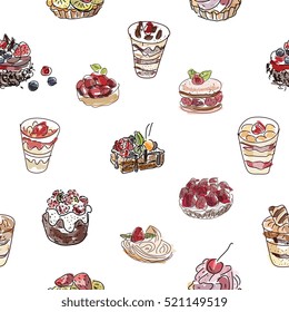 Creative seamless pattern of eco food isolated icons for design paper, wallpaper, packaging, web, menu, background. Watercolor hand drawn. Vector illustration.