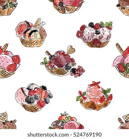 Creative seamless pattern of eco food isolated icons for design paper, wallpaper, packaging, web, menu, background. Watercolor hand drawn. Vector illustration.
