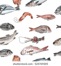 Creative seamless pattern of eco food isolated icons for design paper, wallpaper, packaging, web, menu, background. Watercolor hand drawn. Vector illustration.