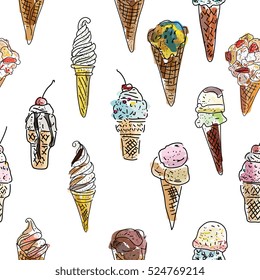 Creative seamless pattern of eco food isolated icons for design paper, wallpaper, packaging, web, menu, background. Watercolor hand drawn. Vector illustration.