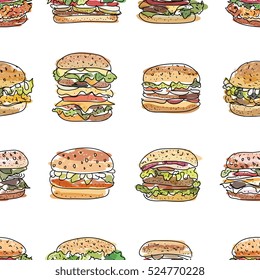 Creative seamless pattern of eco food isolated icons for design paper, wallpaper, packaging, web, menu, background. Watercolor hand drawn. Vector illustration.