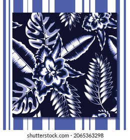Creative seamless pattern fashionable with abstract monstera leaves, fern leaf and flower tropical plants on dark background. Vector design. Flat jungle print. exotic summer